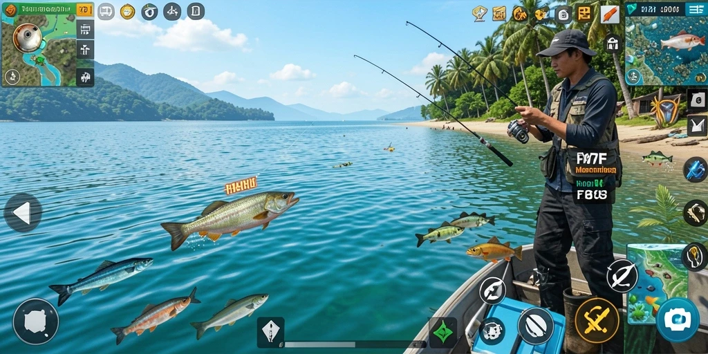 Screenshot dari gameplay 47F menampilkan aksi memancing yang seru.