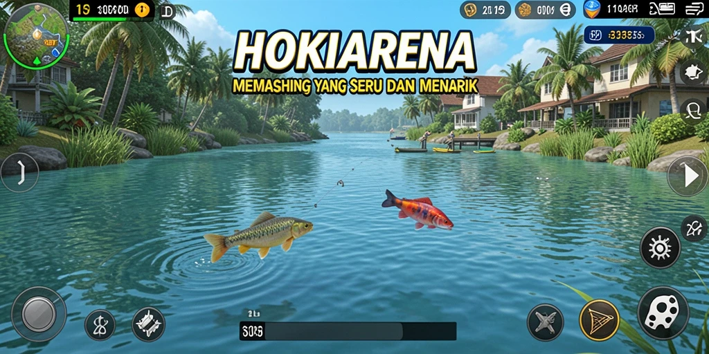 Tangkapan ikan besar dalam permainan HOKIARENA dengan latar alam yang menakjubkan.