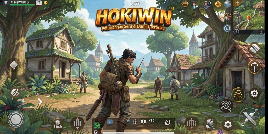 Screenshot gameplay HOKIWIN menampilkan petualangan di dunia terbuka.