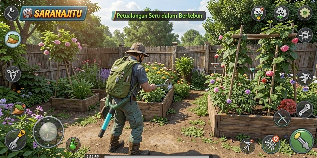 Tampilan gameplay seru di SARANAJITU yang menampilkan kebun yang indah.