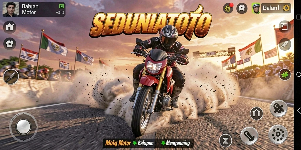 Gameplay menarik SEDUNIATOTO dengan aksi balapan motor yang seru.